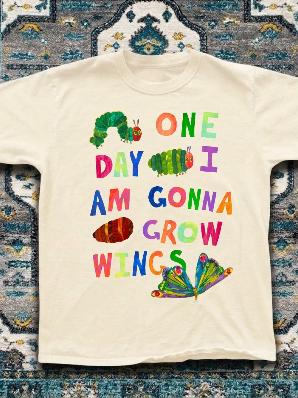 Cream "One Day I Am Gonna Grow Wings" Colorful Caterpillar Graphic Tee